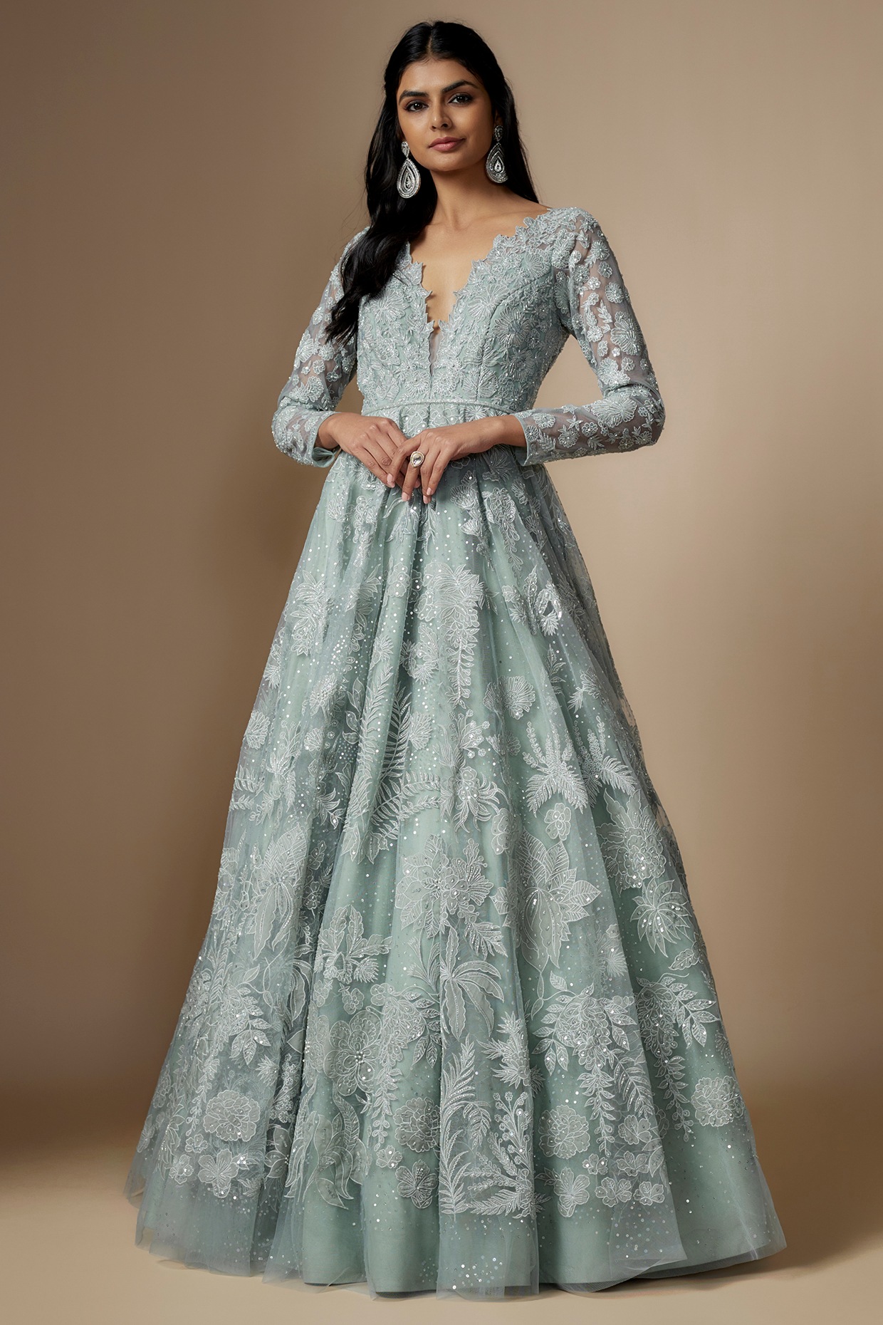 Buy Dusty Blue Net N yellow Cape Style Sleeve Gown Party Wear Online at  Best Price | Cbazaar